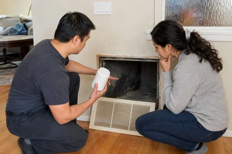 Two people crouching beside an open wall return, one holding a white cylindrical container and pointing inside.
