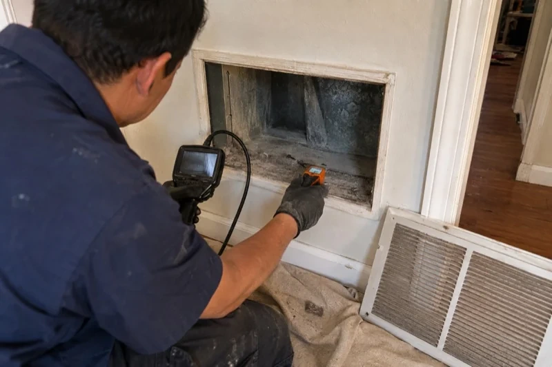Person holding a small orange instrument and an inspection monitor beside an open wall duct, with the removed grille on the floor.