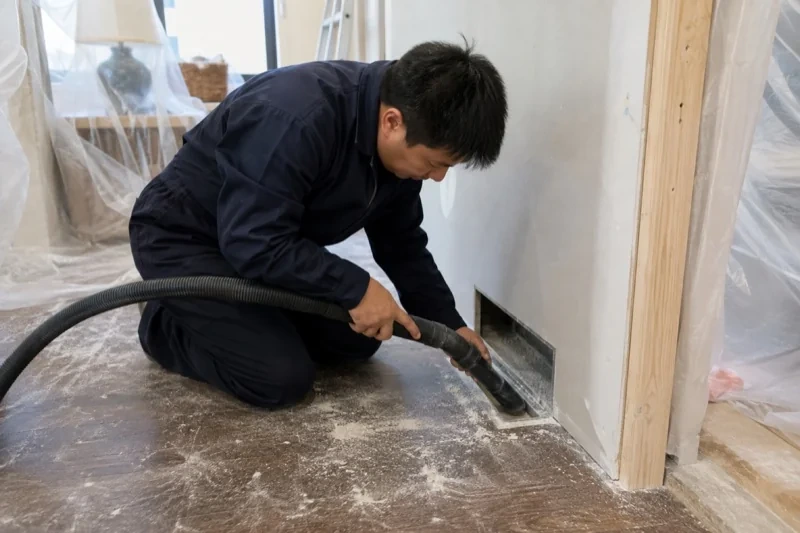 Person vacuuming a low wall opening in a room with dust on the floor and plastic sheeting over nearby furnishings.