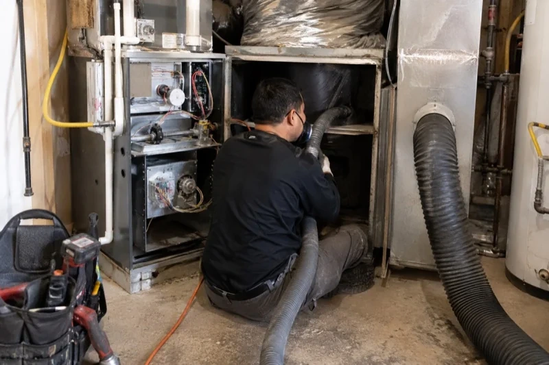 Person holding a hose inside an open HVAC cabinet beside exposed equipment and ductwork